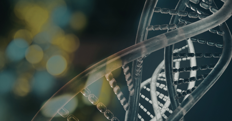 A detailed 3D rendering of a DNA double helix with a blurred background of bokeh lights in yellow and blue.