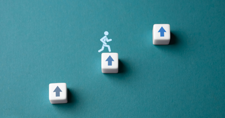 Three white cubes with blue arrows pointing up are arranged diagonally on a teal background, with a running figure icon jumping over the middle cube.