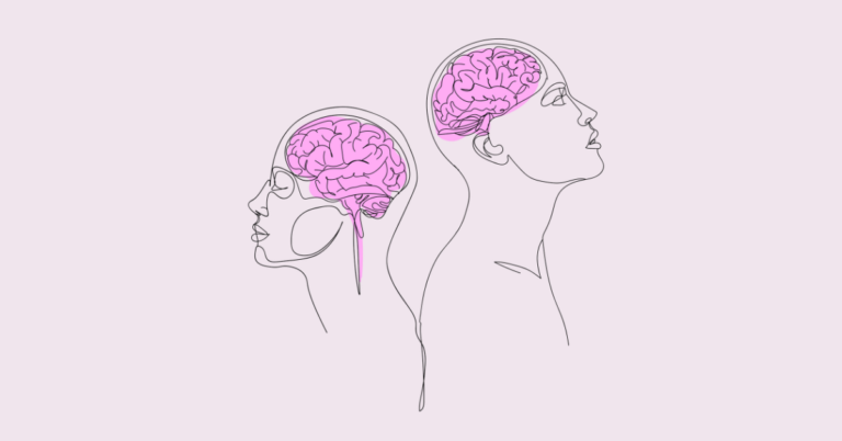 Two stylized profile outlines of heads, each with a pink brain highlighted inside. One head faces left, the other faces right, with their necks connecting in a continuous line.