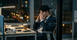 A person in a suit sits at a desk in an office at night, with their hands covering their face and the city lights visible through the window.
