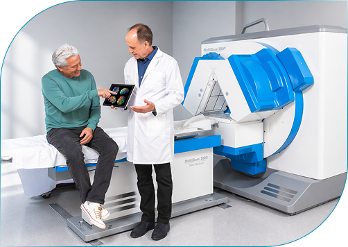 Patient and physician with a SPECT scanner