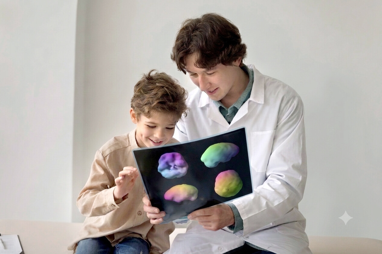 Doctor reviewing a brain SPECT scan with a parent and child