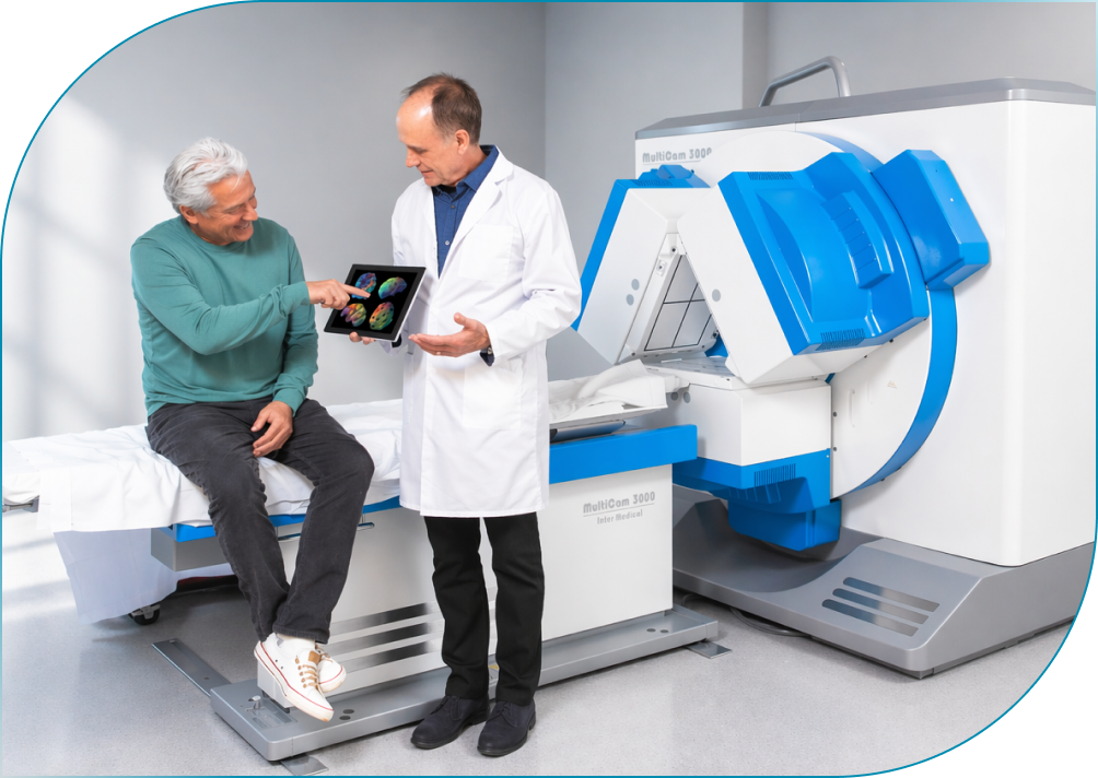 Physician showing a patient his brain SPECT scan results next to the imaging system