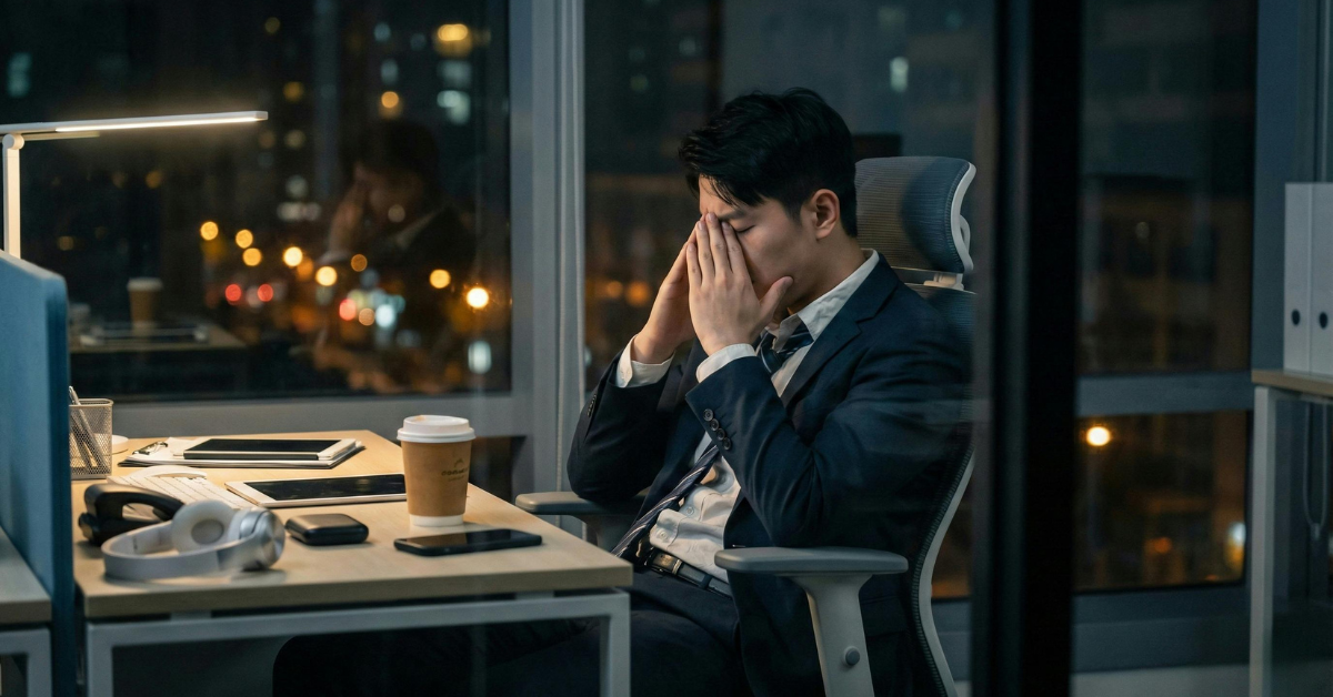 A person in a suit sits at a desk in an office at night, with their hands covering their face and the city lights visible through the window.